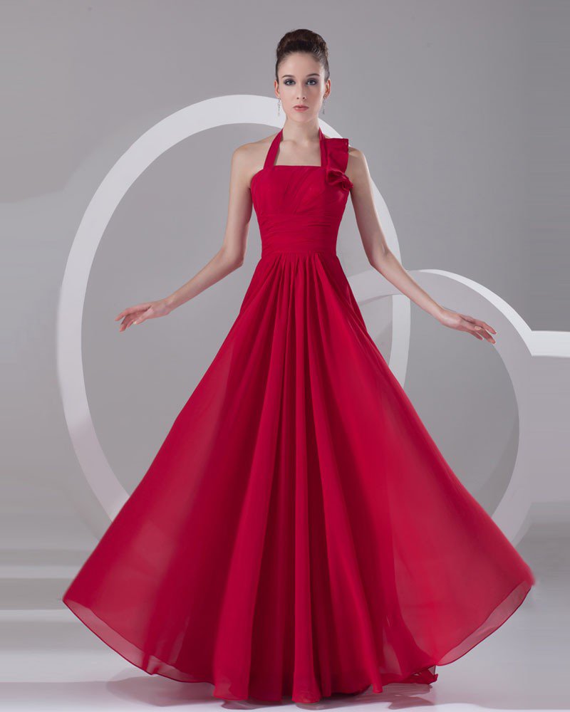 Halter Pleated Floor Length Chiffon Evening Party Dress