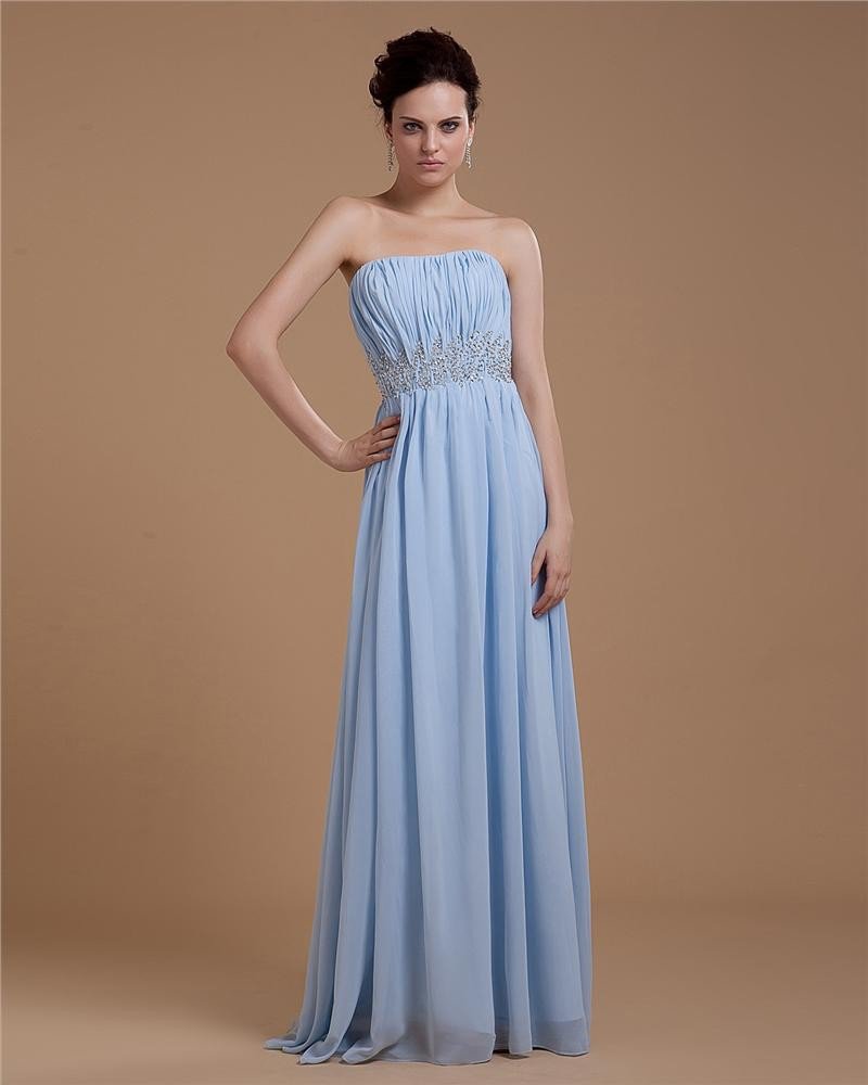 Chiffon Beading Strapless Pleated Floor Length Evening Party Dresses