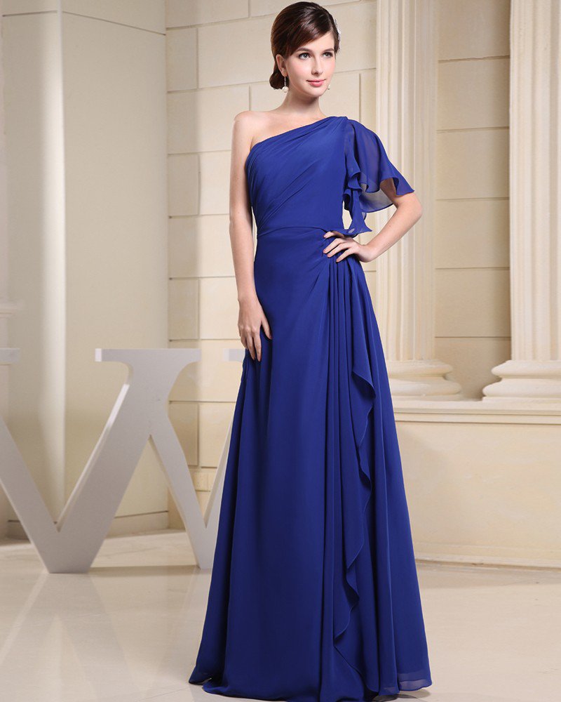 Fashion Chiffon Charmeuse Silk Falbala One Shoulder Floor Length Sleeveless Women Evening Party Dres