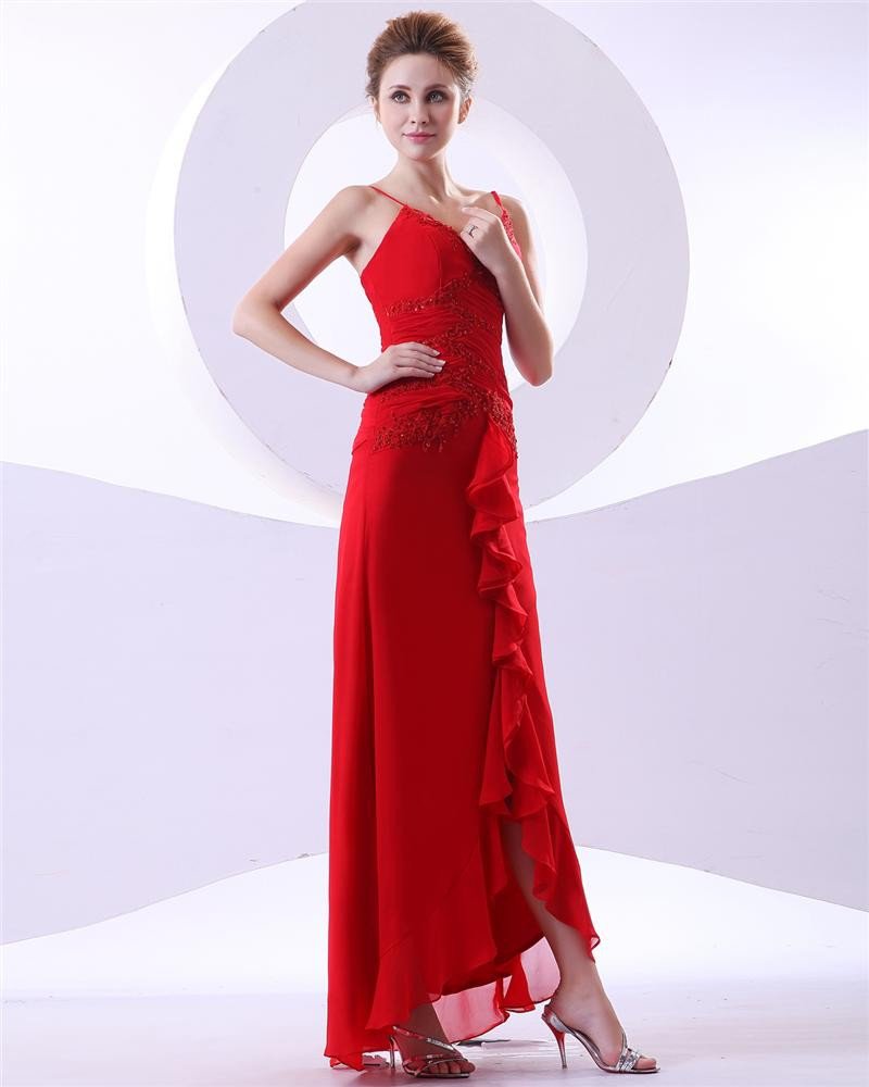 Beaded Shoulder Straps Applique Chiffon Ankle Length Evening Party Dresses