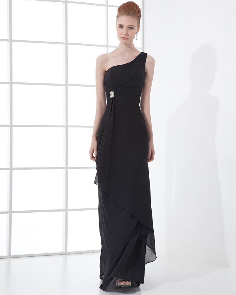 Fashion Chiffon Pleated Beaded One Shoulder Floor Length Evening Party Dress