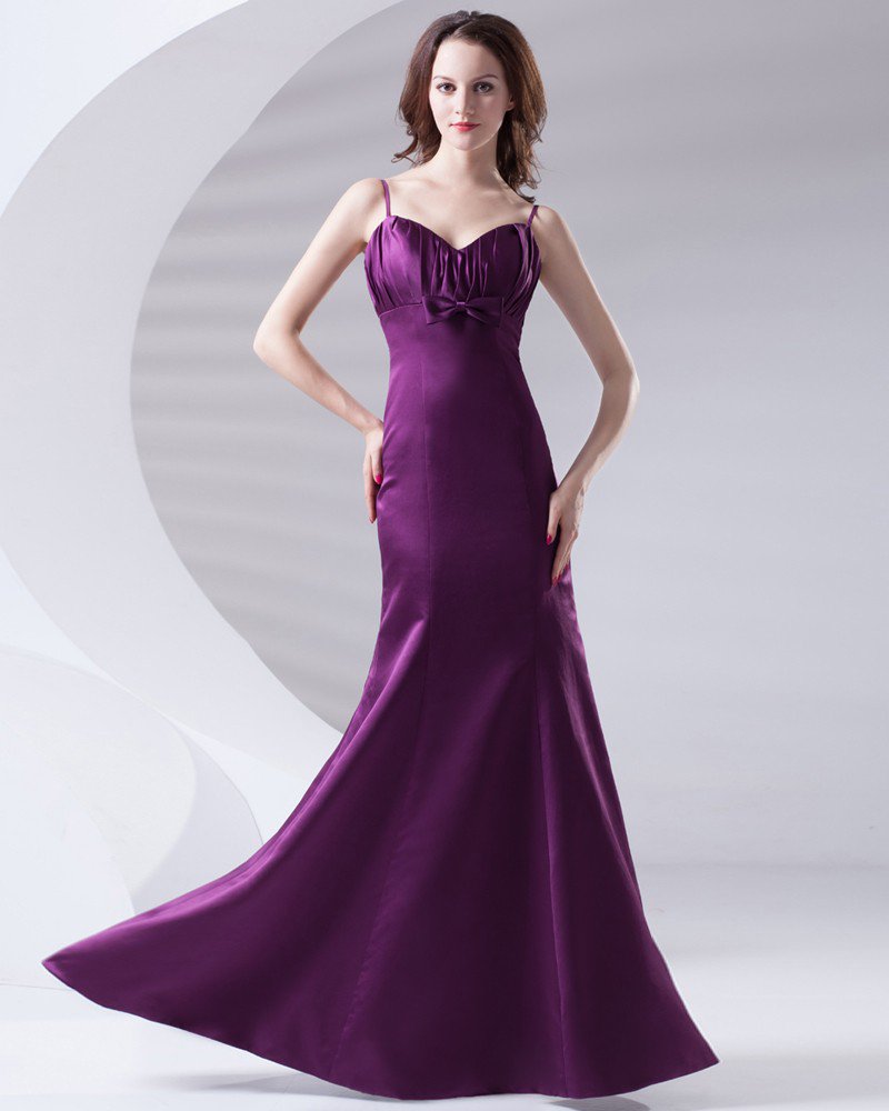 Spaghetti Straps Pleated Bowknot Floor Length Satin Woman Evening Party Dress