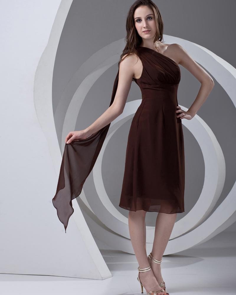 Formal Sloping Knee Length Pleated Chiffon Women Little Black Party Dress