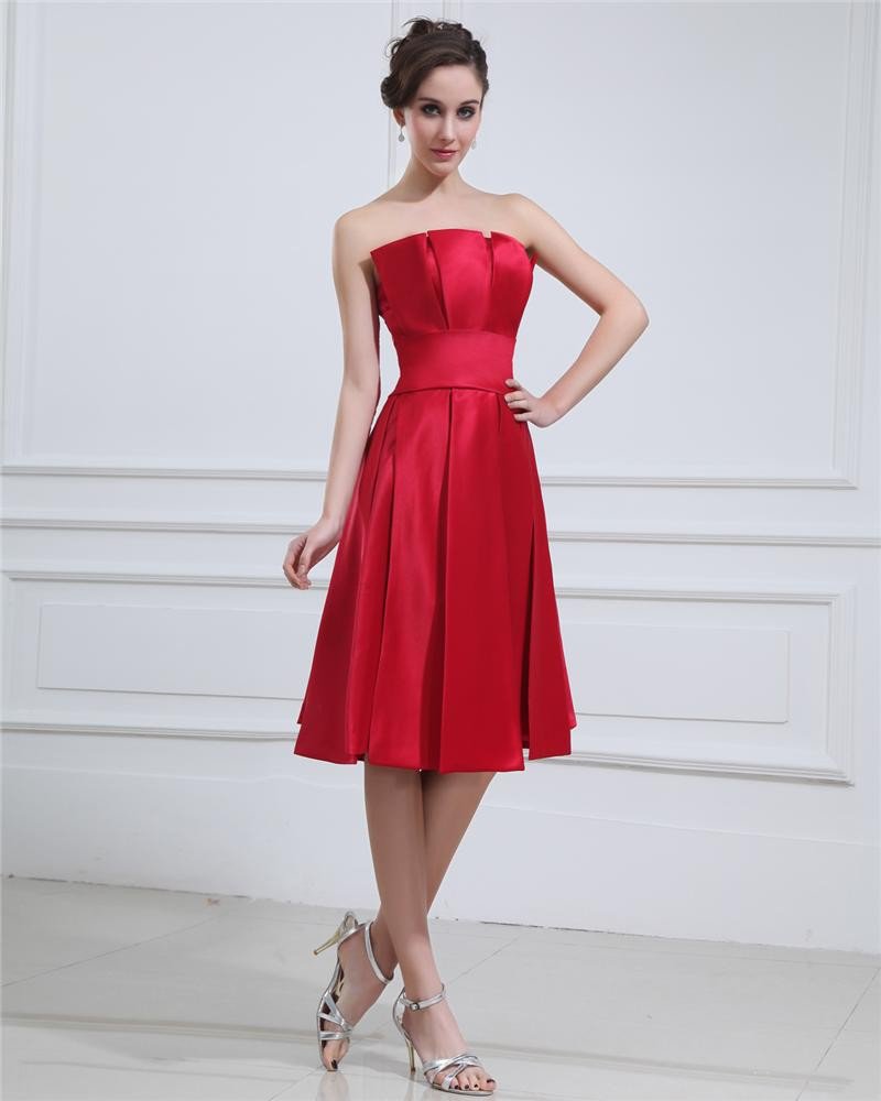 Square Ruffle Sleeveless Belt Knee Length Satin Cocktail Party Dress