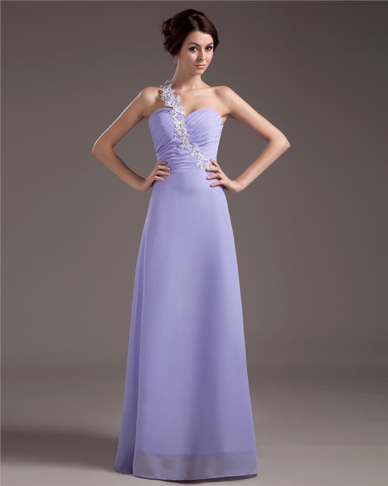One Shoulder Chiffon Pleated Floor Length Plus Size Evening Party Dresses