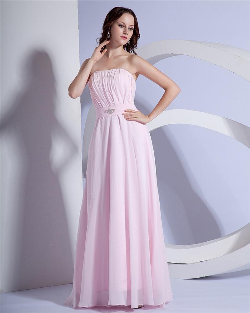 Women A-Line Strapless Floor-Length Chiffon Evening Party Dress