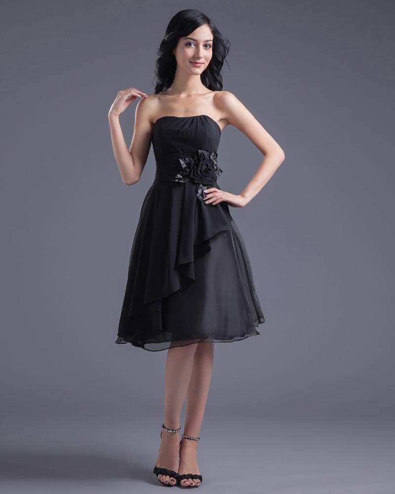 Fashion Chiffon Applique Strapless Knee Length Little Black Party Dress