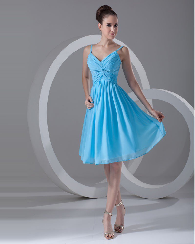 Spaghetti Strap Pleated Beading Knee Length Chiffon Little Black Party Dress