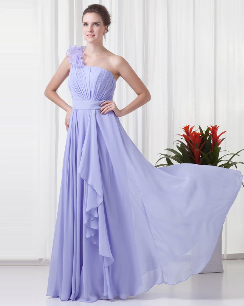 One Shoulder Flower Ruffle Floor Length Chiffon Woman Evening Party Dress