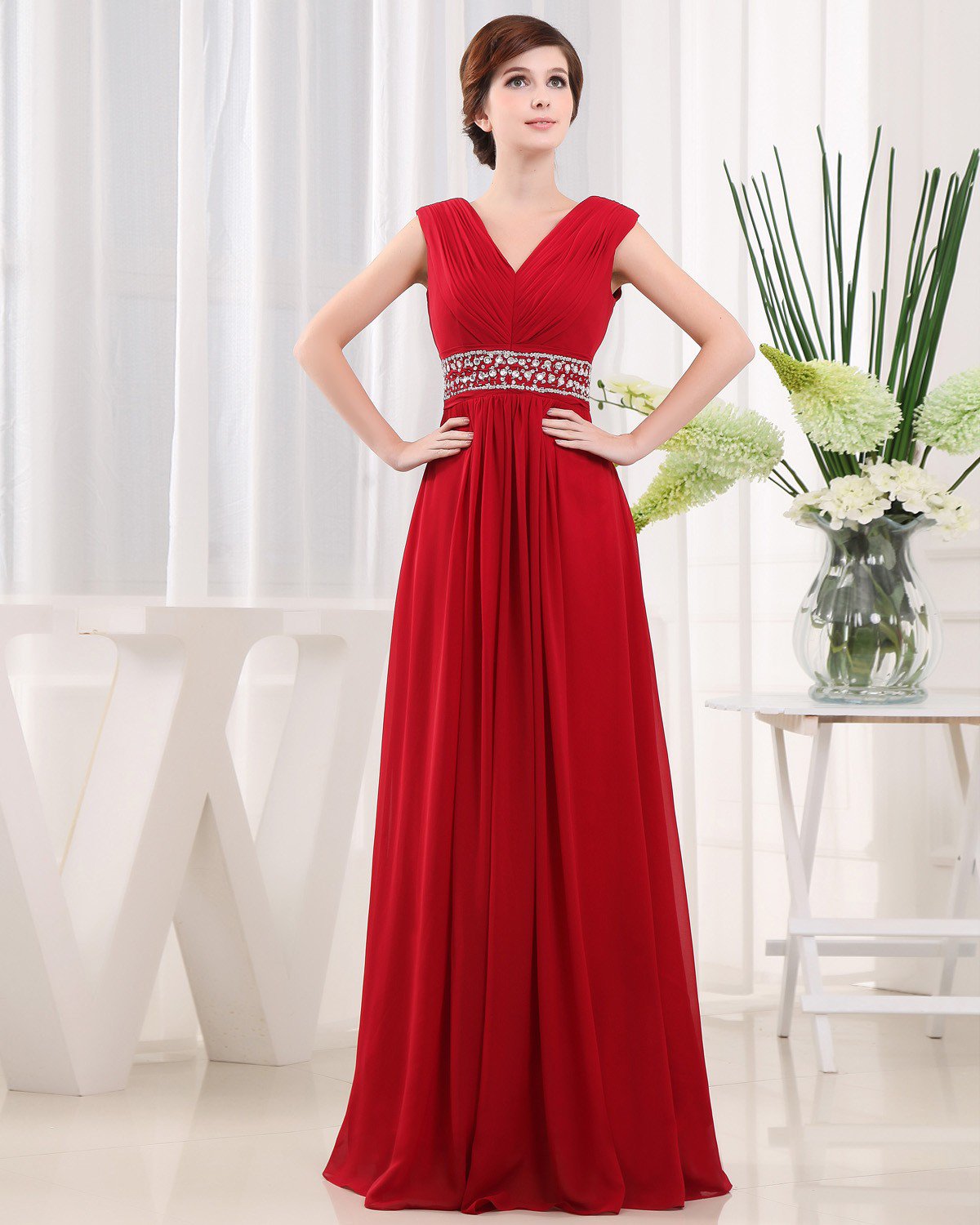 V Neck Ruffle Beading Sleeveless Zipper Floor Length Chiffon Woman Evening Party Dress