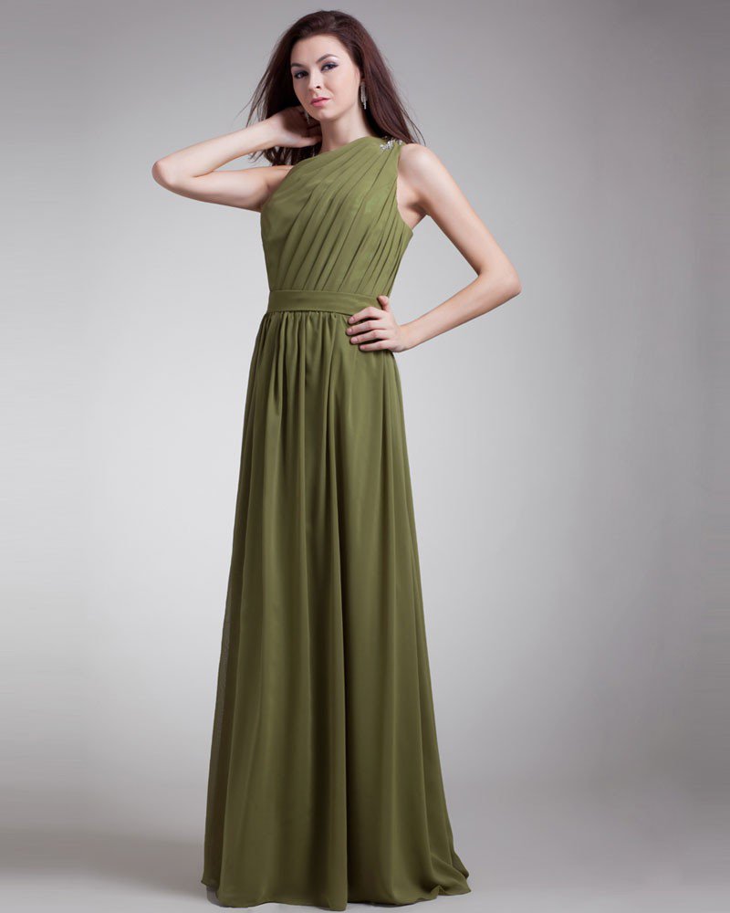 Slopping Pleated Floor Length Chiffon Evening Party Dress