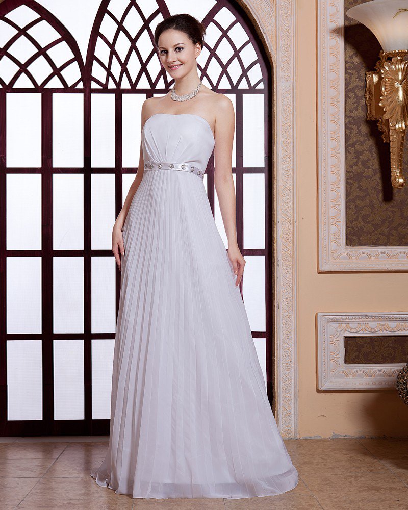 Pleated Sequins Waist Strapless Zipper Chiffon Women Evening Party Dress