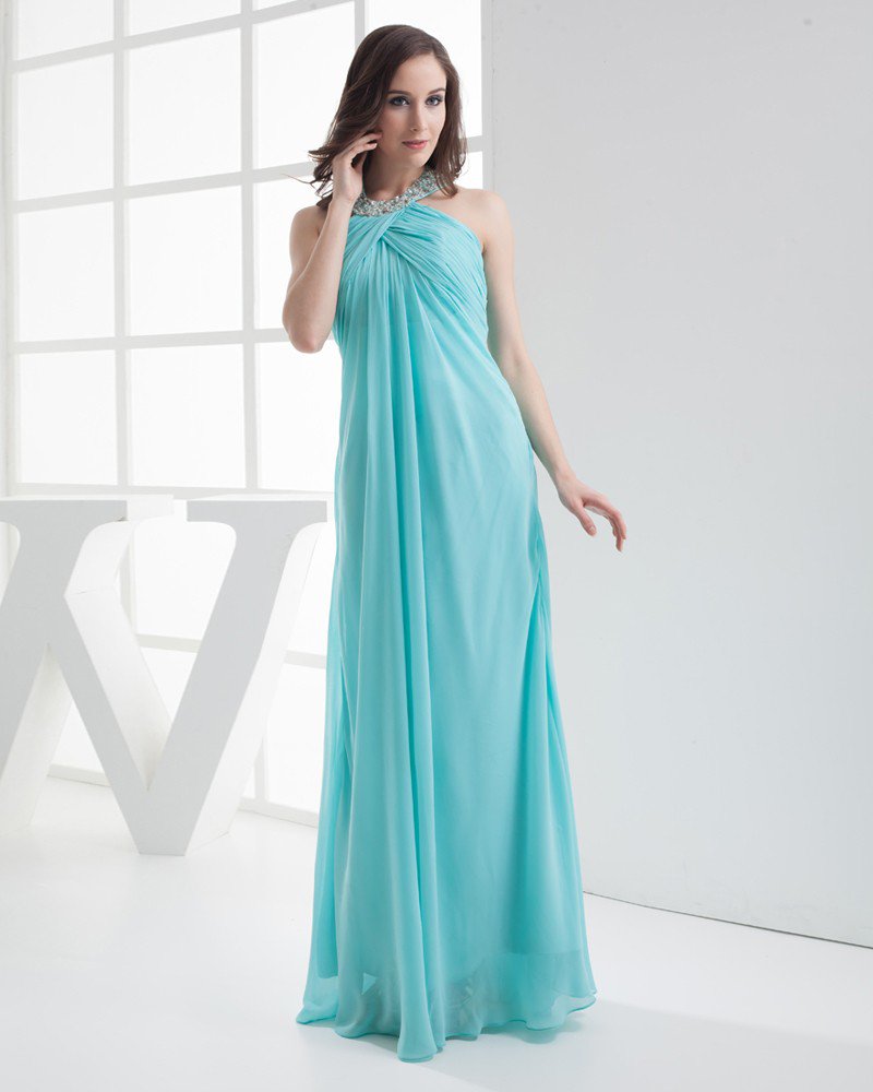 Fashion Chiffon Imitation Silk Pleated Beading Halter Floor Length Evening Party Dress