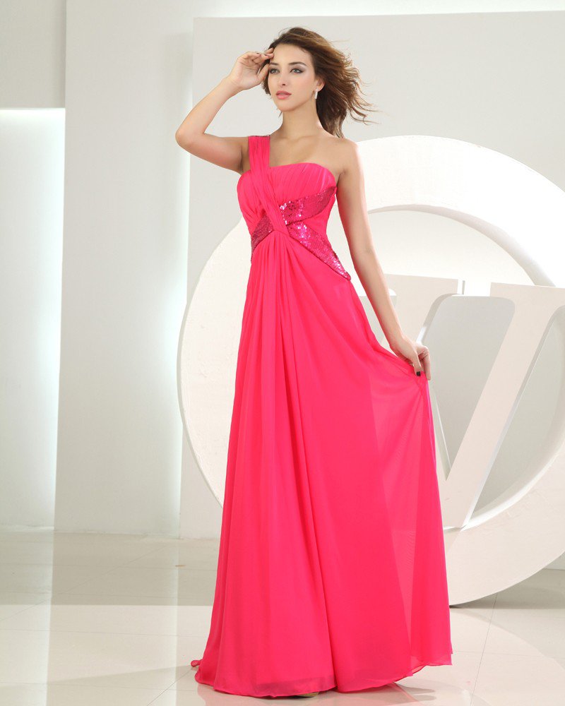 One Shoulder Neckline Floor Length Lace Paillette Chiffon Woman Evening Party Dress