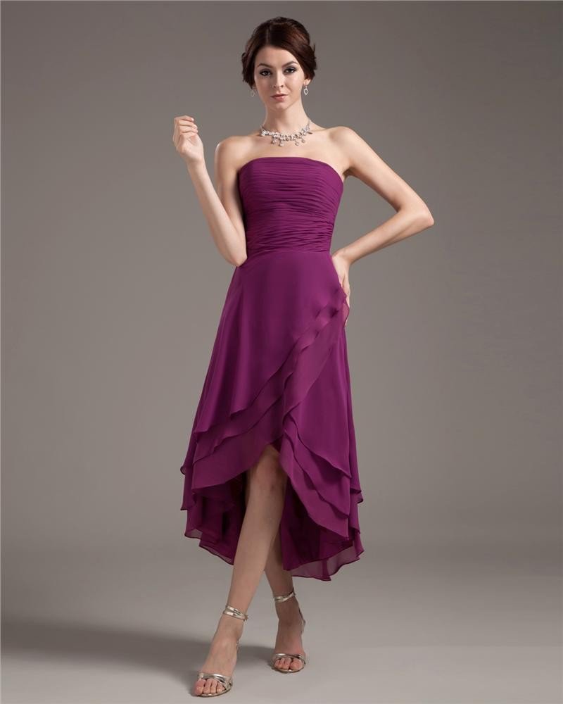Chiffon Ruffles Pleated Strapless Tea Length Cocktail Party Dresses