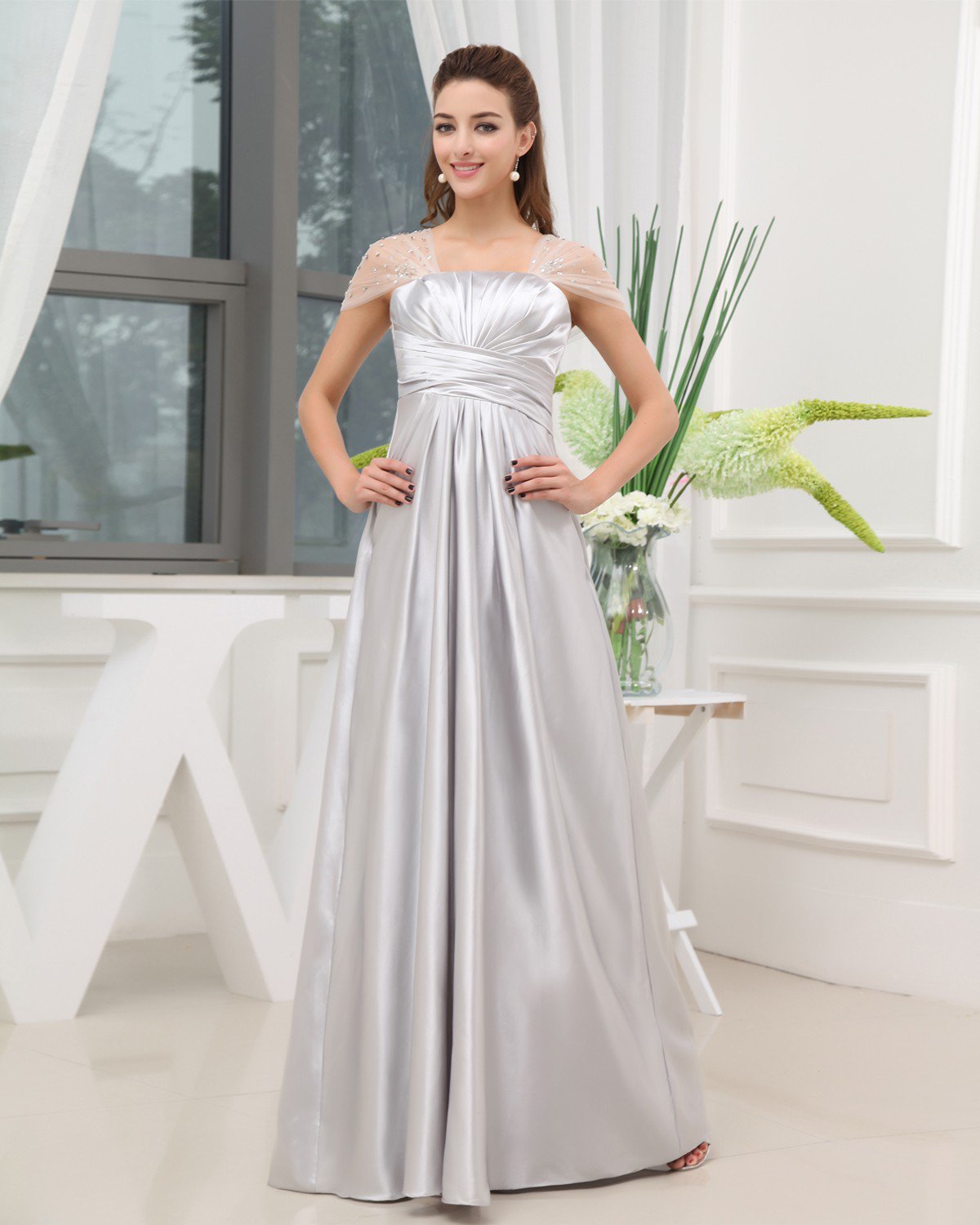 Square Ruffle Beading Wrap Shoulder Zipper Floor Length Taffeta Woman Evening Party Dress