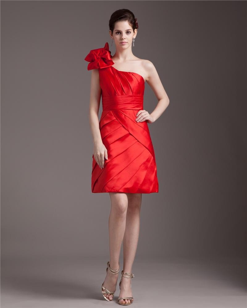 Elegant Ruffles Sloping Knee Length Satin Cocktail Party Dress