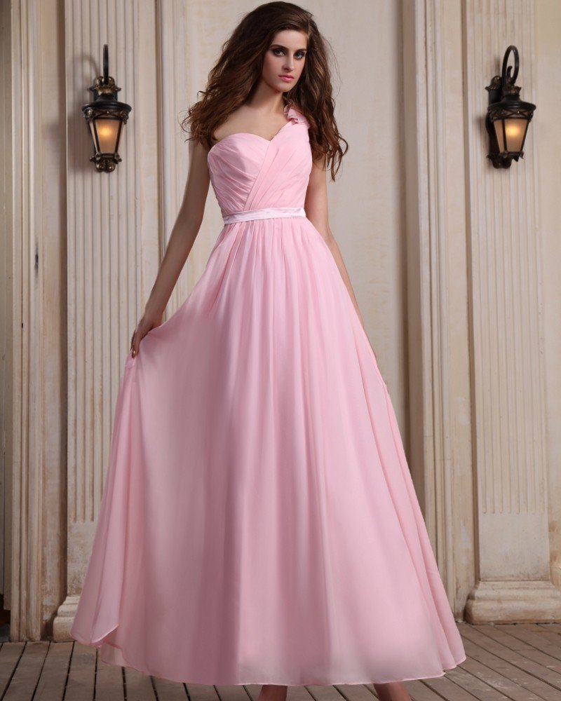 Sleeveless Chiffon Ruffles One Shoulder Pink Floor Length Evening Party Dresses