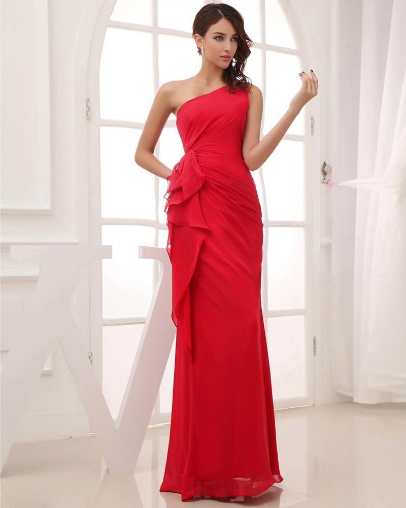 Silk Like Satin Chiffon Silk Ruffle Sloping Floor Length Pleated Evening Party Dress