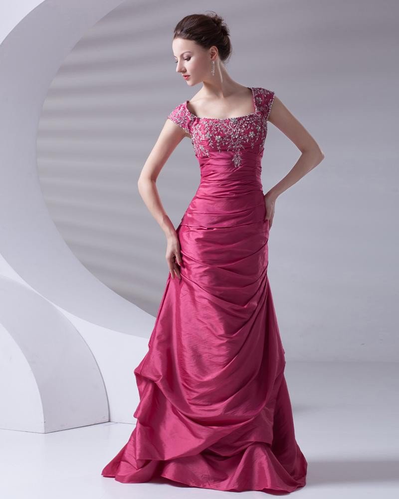 Fashion Square Neckline Floor Length Beading Ruffle Taffeta Prom Dress