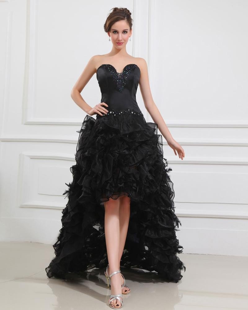 Satin Organza Beading Feather Sweetheart Asymmetrical Length Prom Dresses