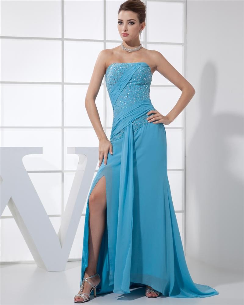 Strapless Sleeveless Zipper Beading Floor Length Chiffon Elastic Silk Like Satin Silk Woman Prom Dre