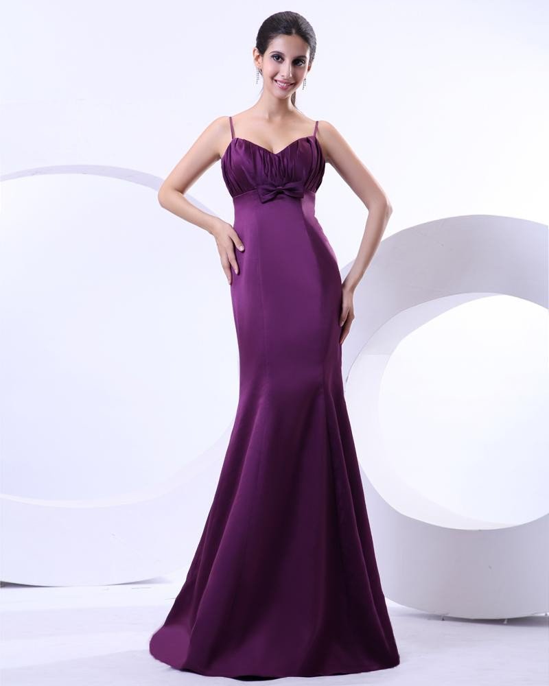 Empire Satin Ruffle Spaghetti Straps Floor Length Prom Dresses