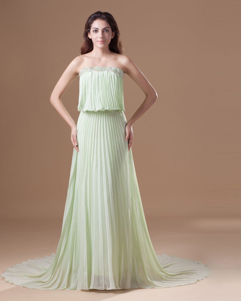 Chiffon Ruffle Beading Strapless Court Train Pleated Prom Dress