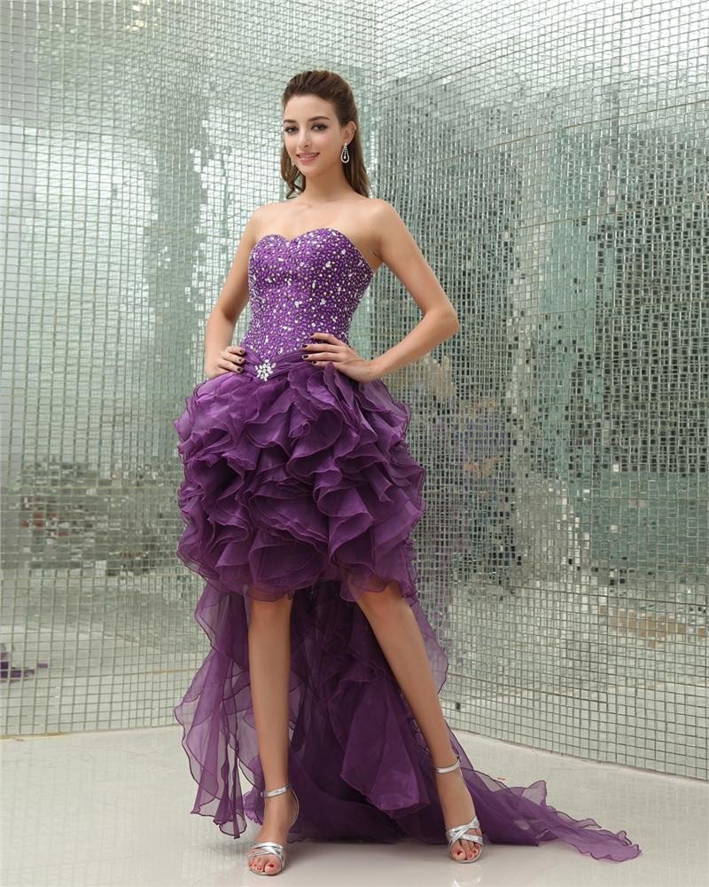 Sweetheart Sleeveless Zipper Beading Dip Hem Asymetrical Organza Woman Prom Dress
