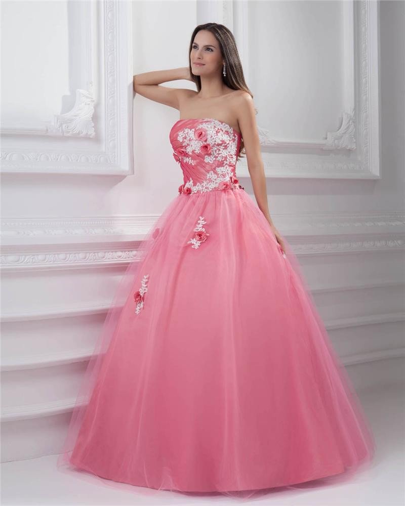 Ball Gown Strapless Applique Beading Pleated Floor Length Satin Quinceanera Prom Dress