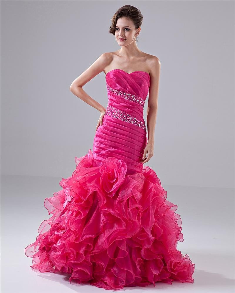 Sweetheart Ruffles Beading Flower Floor Length Prom Dress