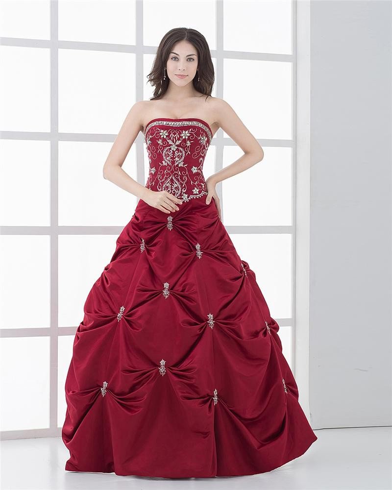Strapless Ruffle Beading Embroidery Floor Length Satin Woman Prom Dresses