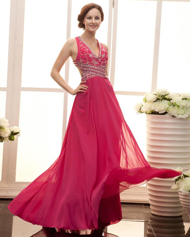 Stylish Ruffle Floor Length Beading Sleeveless V Neck Zipper Satin Chiffon Prom Dresses
