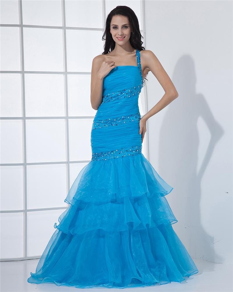 One Shoulder Tiered Floor Length Beading Pleated Organza Woman Prom Dress