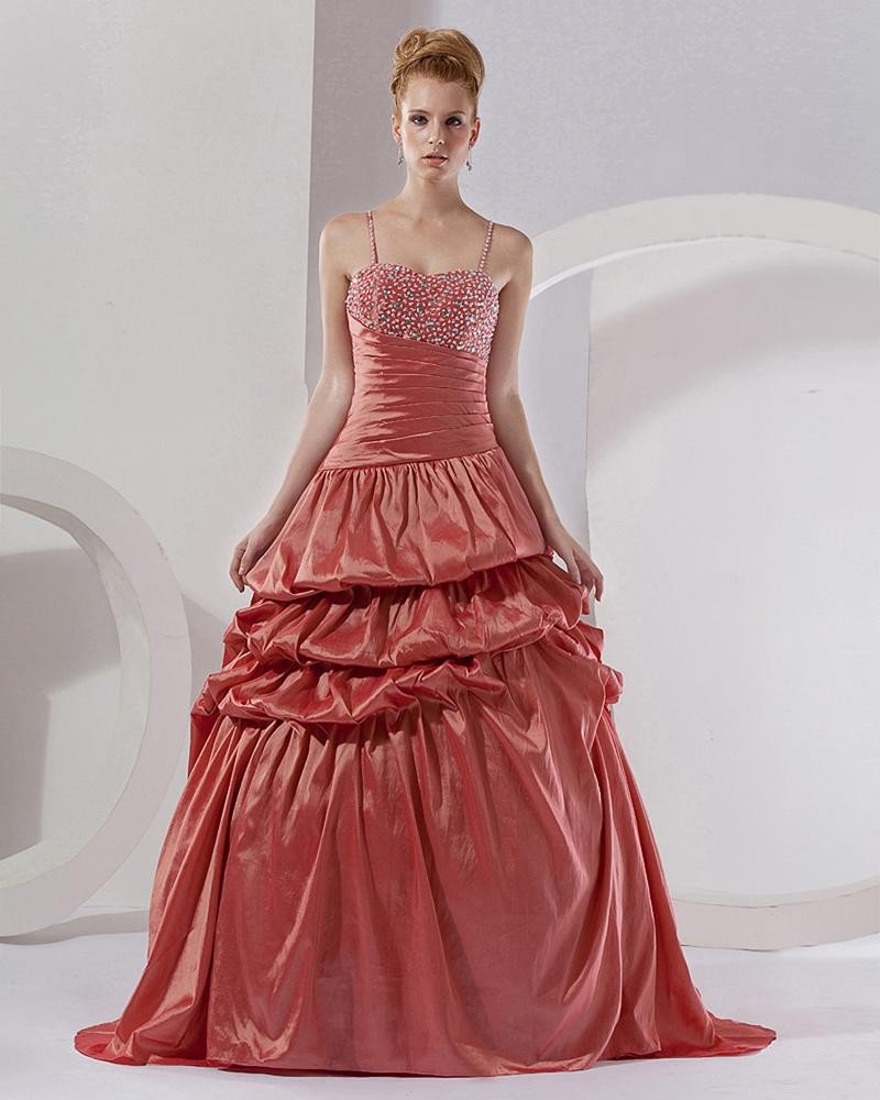 Ball Gown Taffeta Applique Beading Spaghetti Straps Floor Length Quinceanera Prom Dresses