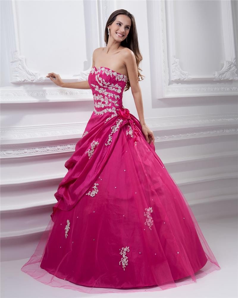 Ball Gown Sweetheart Applique Ruffle Floor Length Taffeta Quinceanera Prom Dress