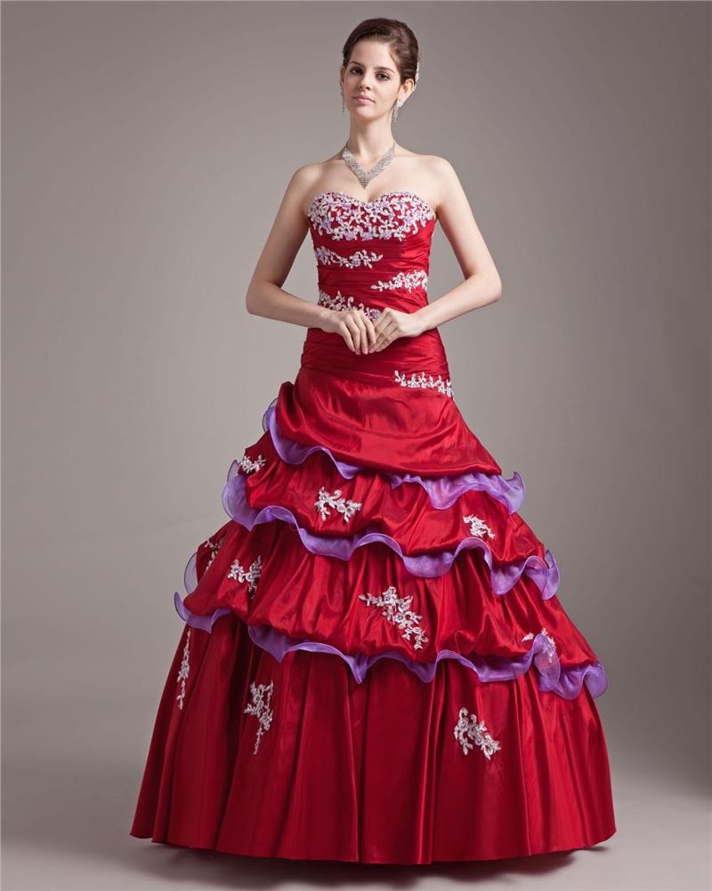 Ball Gown Taffeta Organza Sweetheart Applique Bead Floor Length Quinceanera Prom Dresses