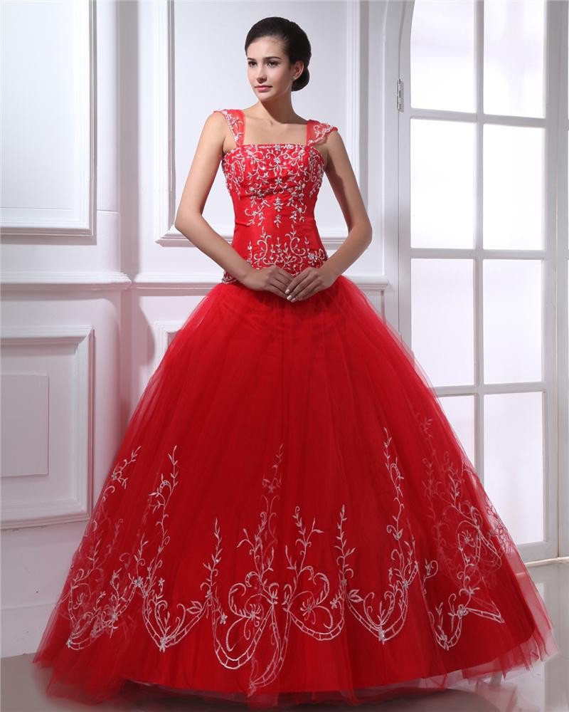 Ball Gown Satin Yarn Pleated Beading Applique Square Neck Floor Length Quinceanera Prom Dresses