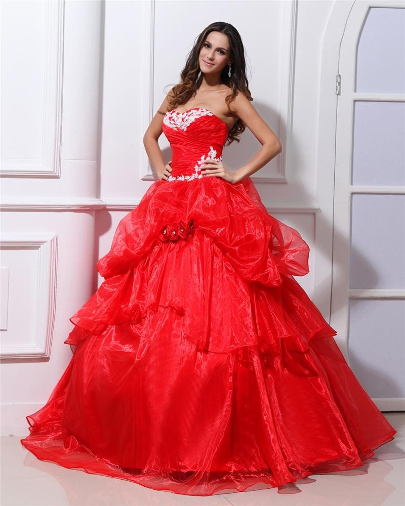 Ball Gown Organza Sweetheart Bead Handmade Flower Floor Length Quinceanera Prom Dresses