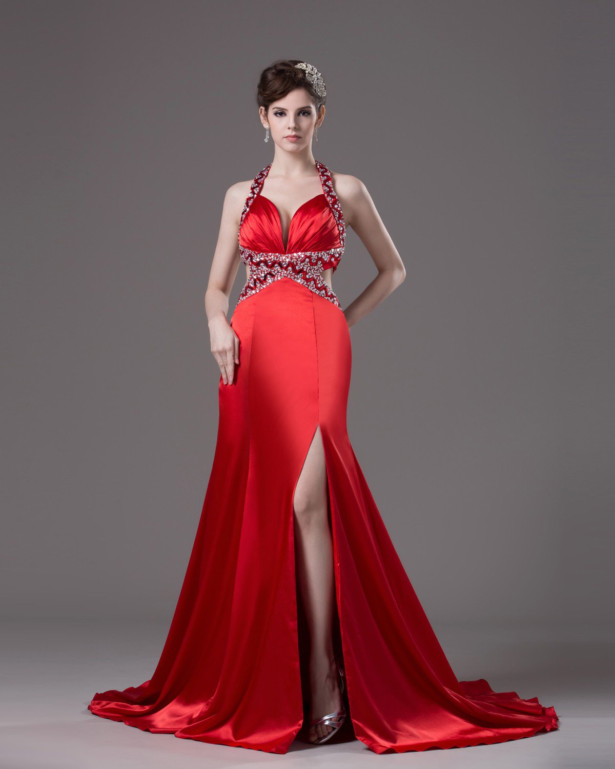 Sheath Halter Sweep/Brush Train Spaghetti Straps Satin Prom Dress
