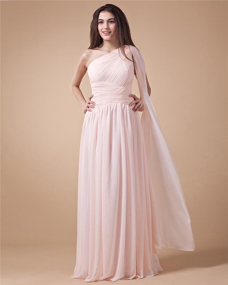 One Shoulder Ruffle Sleeveless Chiffon Floor Length Woman Prom Dress