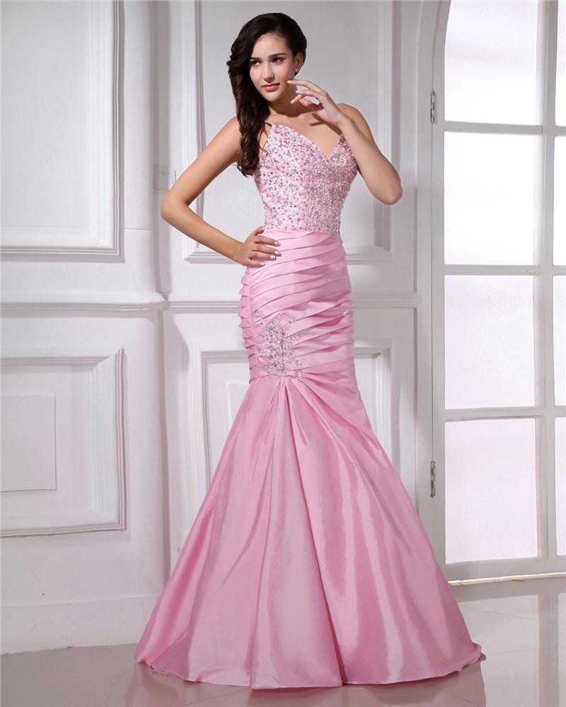 Spaghetti Straps Floor Length Pleated Taffeta Beading Women Mermaid Prom Dresses