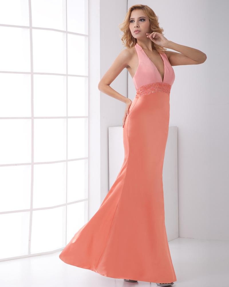 Fashion Satin Beaded Halter Sleeveless Ankle Length Prom Dress