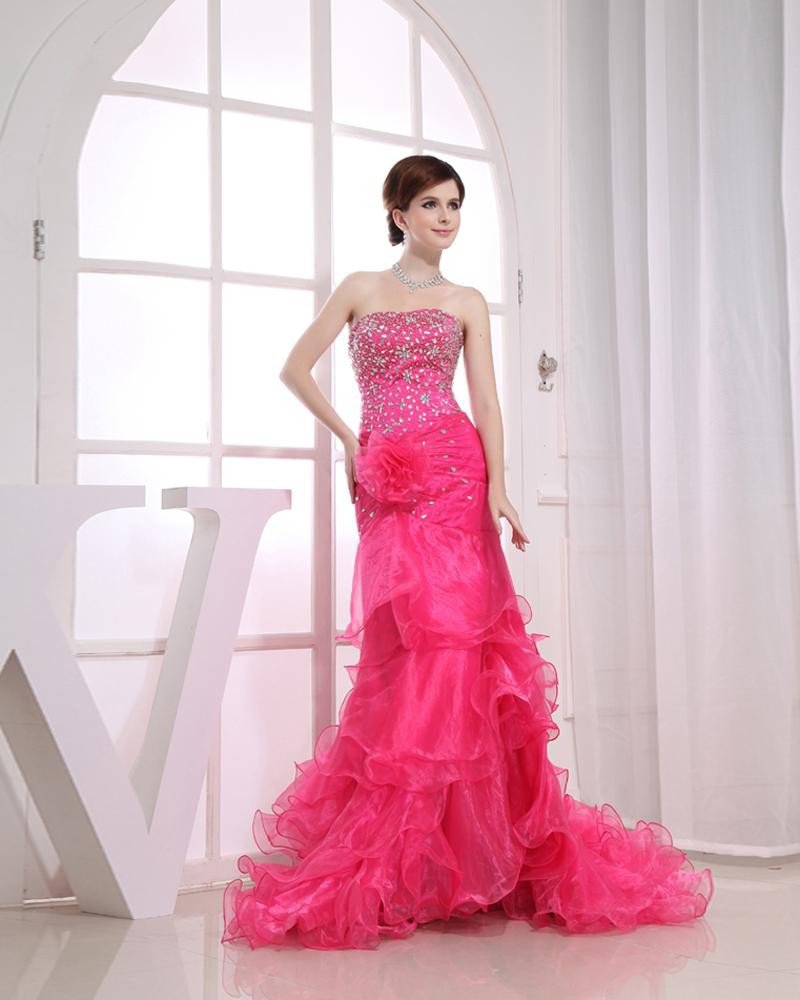 Organza Beading Strapless Ruffle Sleeveless Backless Flower Court Train Tiered Prom Dress
