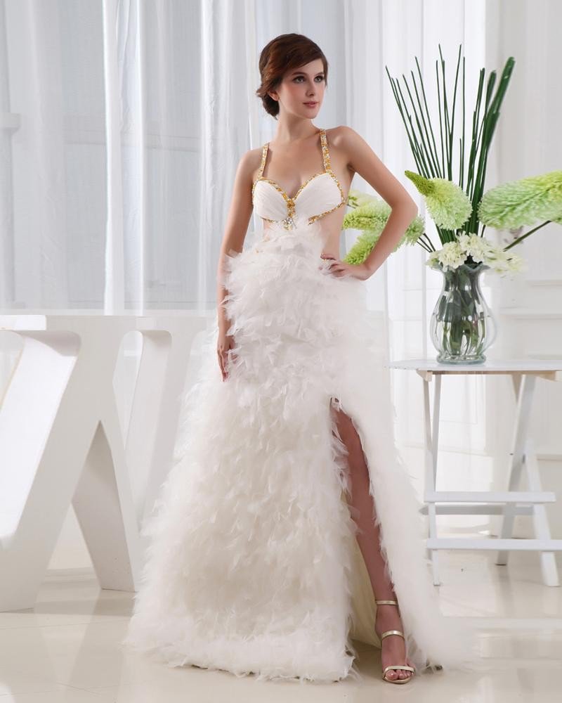 Ostrich Hair Chiffon Beading Spaghetti Straps Sleeveless Backless Floor Length Slit Prom Dress