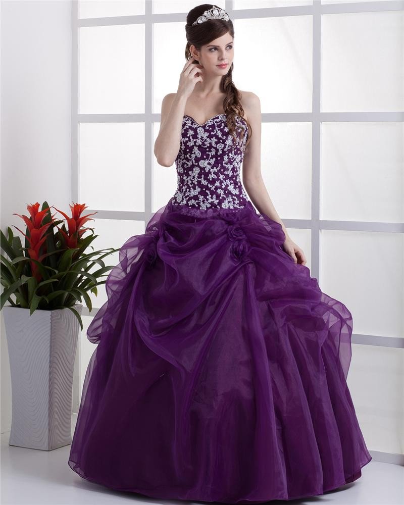 Ball Gown Sleeveless Yarn Flowers Embroidery Ruffles Applique Sweetheart Floor Length Quinceanera Pr