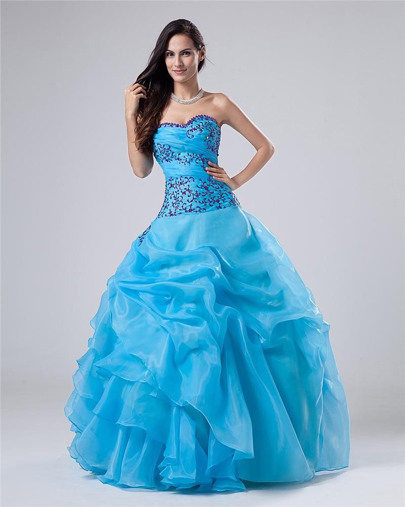 Ball Gown Sleeveless Yarn Satin Embroidery Ruffles Applique Sweetheart Floor Length Quinceanera Prom