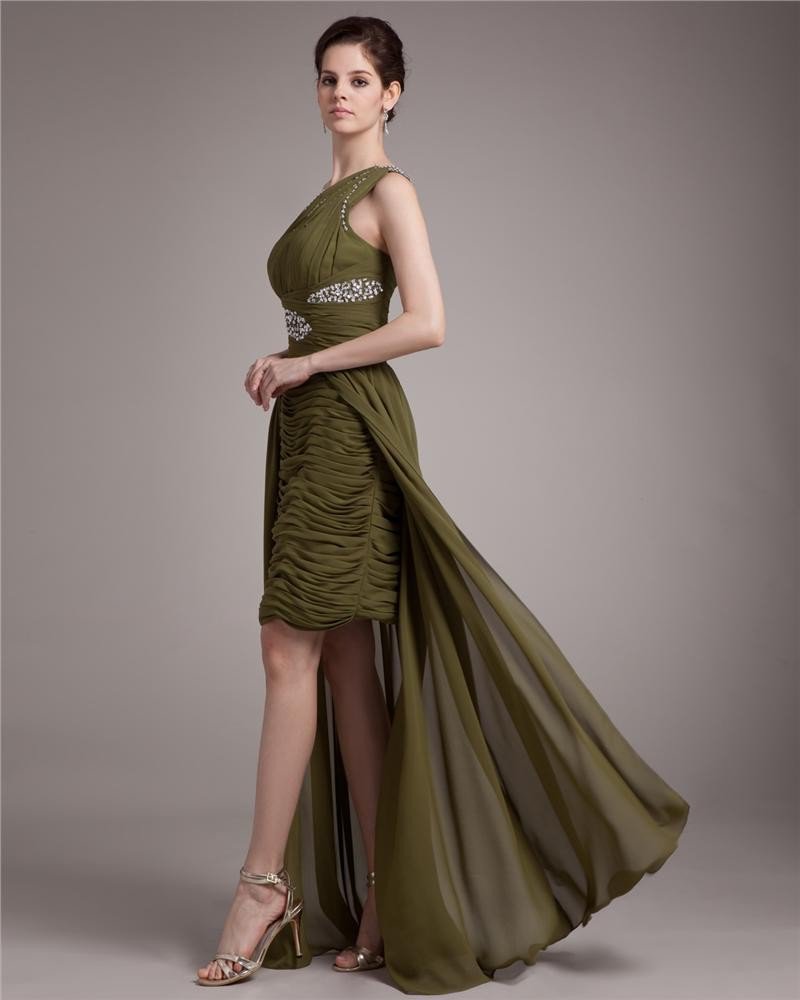 Elegant Sloping Ruffle Beading Asymmetrical Chiffon High Low Prom Dress
