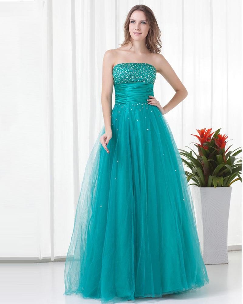 Strapless Floor Length Beading Tulle Woman Prom Dress