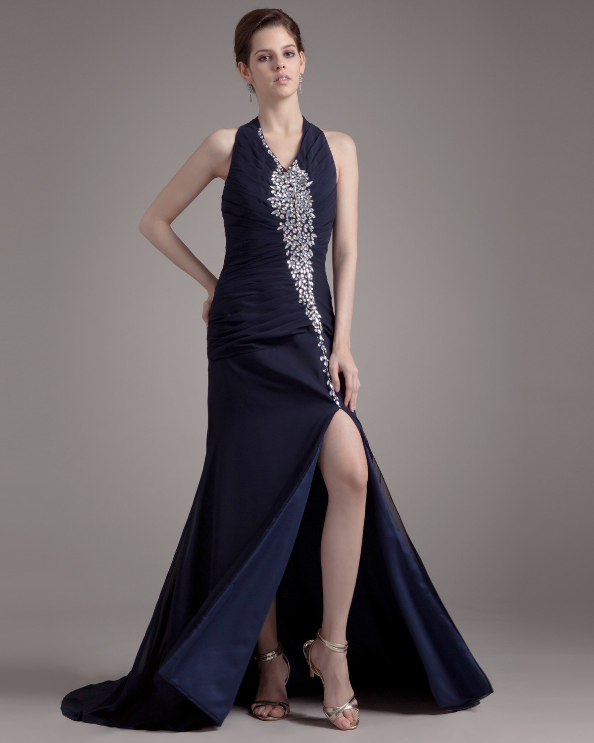 Halter Beading Ruffle Floor Length Chiffon Woman Prom Dress